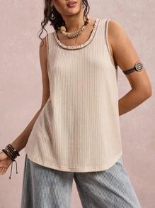 SHEIN VCAY Plus Size Casual Solid Color Tank Top, Summer Going Out Tops Women Basic Tops School Teacher Western Vintage Winter Fall Boho Old Money - Apricot - View 3