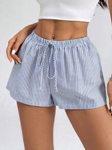 SHEIN PETITE Women's Casual Blue Striped Mini Shorts With Drawstring