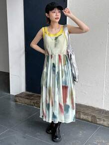 FRIFUL 女士扎染印花网眼高腰吊带连衣裙，适合夏季太阳裙 - 彩色 - 查看 3