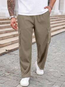 Manfinity Homme 秋季大码女式工装口袋阔腿宽松休闲裤 - 卡其色 - 查看 5