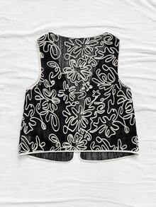 Soleia Plus Size Women Green Knitted Jacquard White Embroidered V-Neck Open Front Tie-Waist Sleeveless Vest Cardigan