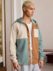 SWAVVY Loose Fit Men's Color Block Patched Pocket Hooded Corduroy Shirt (Shirt Only), For Fall Winter - Blue - View 7