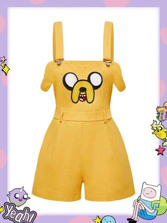 Adventure Time X ROMWE Pantalones cortos con peto bordados con expresiones lindas y 3D