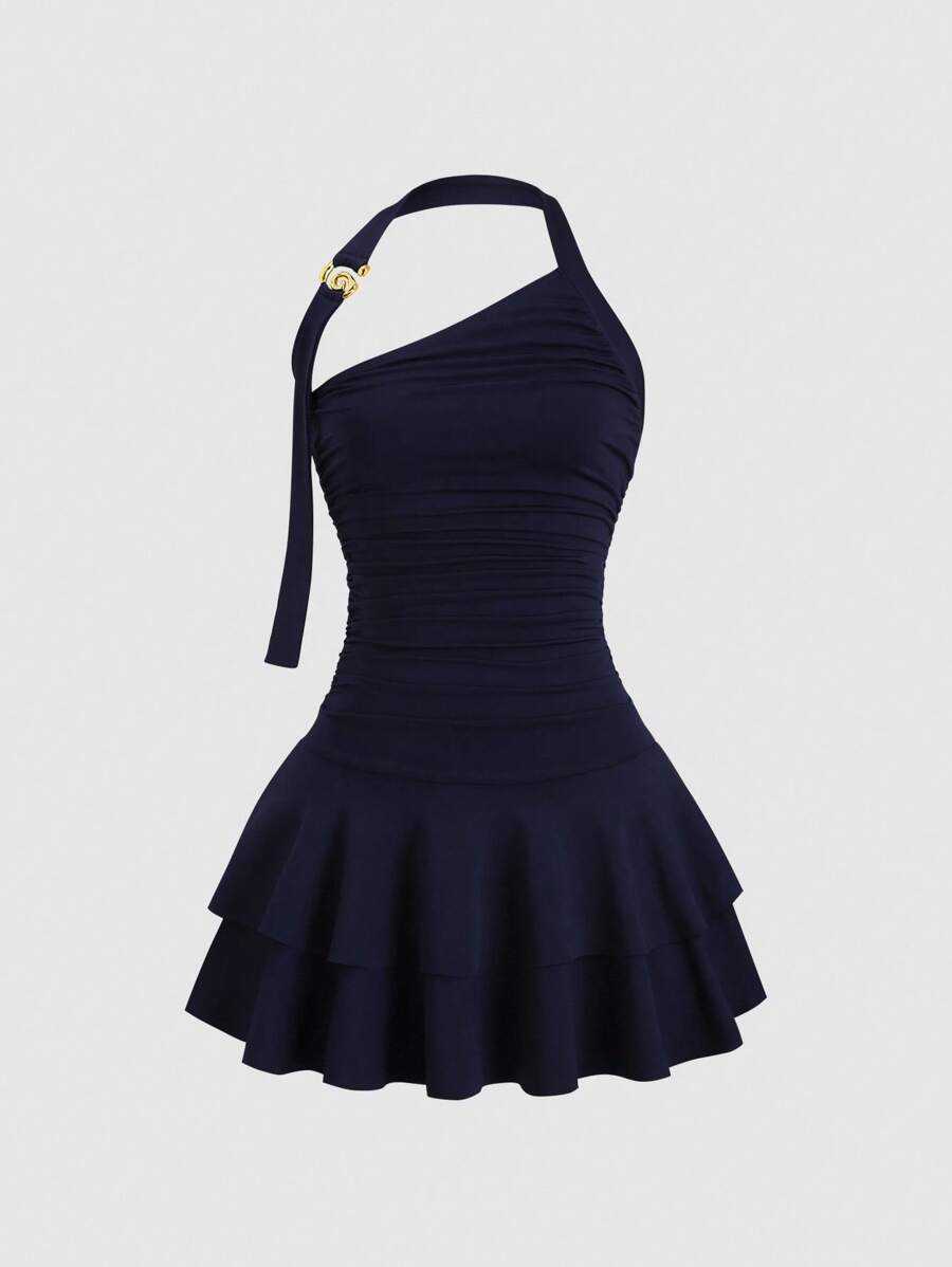 Sweetra New Halter Spiral Metal Decor Waist Cinched Flared Cake Hem Mini Dress For Women - Navy Blue - View 1