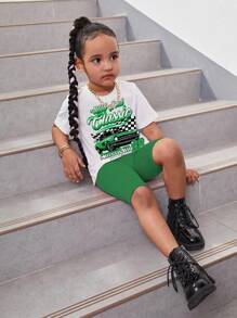 SHEIN Bộ 2 áo thun tay ngắn cổ tròn in chữ thường ngày và quần short đạp xe cho bé gái - Nhiều màu - Xem 3