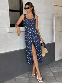 Pariaura 法式碎花前纽扣无袖女式连衣裙 - 藏蓝色 - 查看 5