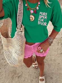 DrmWander Women's Casual Graphic Tee, Street Style Short Sleeve T-Shirt, Cute Summer Top, Vacation Vibe