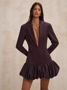 SHEIN BAE 女士纯色荷叶边下摆优雅办公室女士长袖连衣裙 - 咖啡棕 - 查看 4