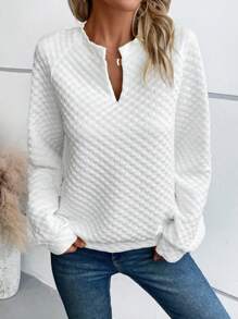 SHEIN LUNE Notched Neckline Raglan Sleeve Sweatshirt Graduation,Back To School Outfits,Graduation,Teacher Outfits For Women,Back To School Pullover Fall Outfit - White - View 3