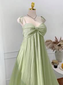 SHEIN EZwear 大码夏季休闲度假风露背百褶中长连衣裙 - 綠色 - 查看 5
