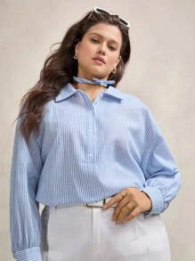 Zelara 大碼條紋印花半排扣落肩袖襯衫 - 藍白色 - 查看 4