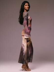 MUSERA Vestido maxi de manga larga ajustado con estampado floral de punto, de malla transparente, para invierno, verano, vacaciones, salida nocturna, cita, boda, fiesta, elegante, Ibiza, ocasión, femenino, lindo, chic - Multicolor - Ver 3