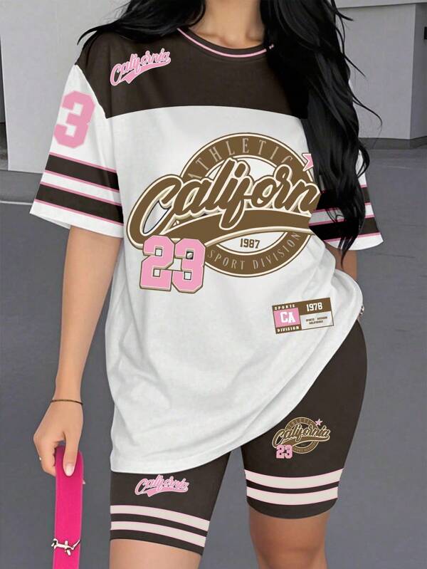 SHEIN 女士休闲时尚创意加州 23 撞色图案印花 T 恤和骑行短裤套装休闲套装 2 件套复古服装棒球服休闲 2 件套