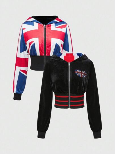 J-Fashion Y2K Baddie Abby Flag English Rhinestone Velvet Bodycon Sweatshirt For Women