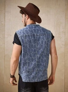 Manfinity Homme 男士街头时尚提花面料毛边领蓝色牛仔背心，emo 风格 - 中等水洗藍 - 查看 2