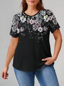 EMERY ROSE Camiseta de manga corta con estampado floral pequeño en negro para tallas grandes - Multicolor - Ver 4