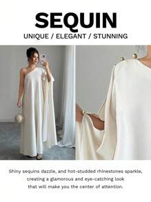 Elenzga 女士斜领蝙蝠袖连衣裙 - 米色 - 查看 2