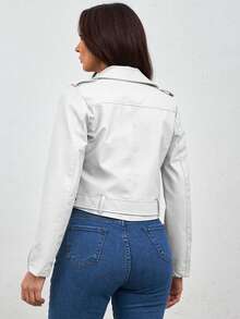 EURMUSE Women'S Asymmetric Collar Zipper Front Belted Jacket - White - View 2