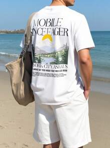 Manfinity RSRT Camiseta casual de verano para hombre con estampado de paisaje y eslogan - Blanco - Ver 3