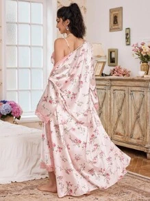 Elorette CottageSlumber Romantic Floral Print Lace Trim Camisole Sleep Dress And Belted Robe Satin Pajama Set Night Gown Women Set Floral Robe Set Lingerie Robe Set 2 Piece Nightgown Set, Fall Winter Clothes Cozy And Elegant Details - Multicolor - View 2