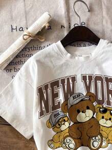SHEIN Young Boy Casual Minimalist Cartoon Bear Print Short Sleeve Round Neck T-Shirt, Suitable For Summer - White - View 3