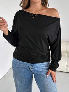 SHEIN Essnce Plus Size Women's And Fashion Casual Loose Comfortable Daily Basic Versatile Slim Shoulder Black Long-Sleeved T-Shirt,Simple Style Tops Spring - Black - View 3
