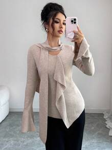 Elenzga Camiseta de manga larga con volantes asimétricos, jersey ajustado y ceñido de punto calado, top casual versátil de unicolor minimalista para el otoño - Camel - Ver 4