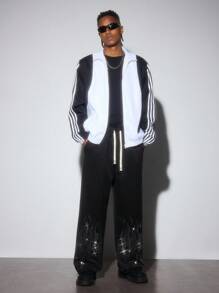 ROMWE MEN Street Life Pantalon de survêtement à jambe droite pour hommes avec un design effet flamme et strass dans un style américain de rue - Noir - Voir 7