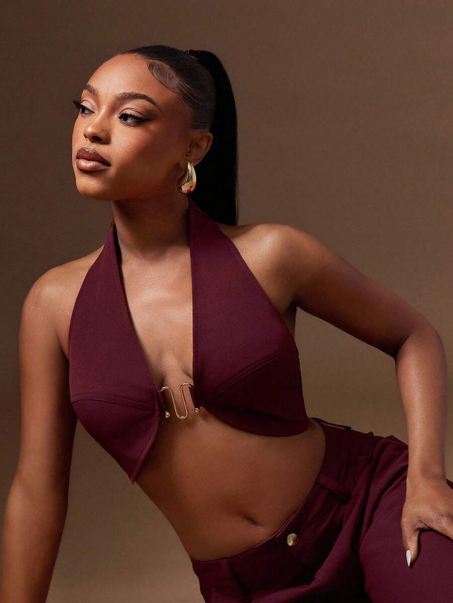 Denimoi Open Front Cropped Halter Top With Gold Hardware Detail, Date Night GNO Dinner - Burgundy - View 1