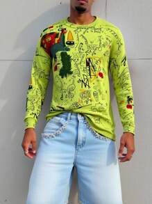 Manfinity Homme 男士时尚涂鸦图案圆领毛衣 - 橄欖綠 - 查看 3