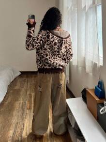 StreetHx Streetwear Women's Leopard Print Jacquard Zip-Up Cardigan, Autumn/Winter - Multicolor - View 2