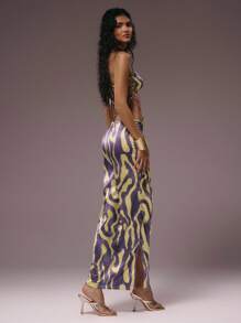 MUSERA Purple And Yellow Abstract Print Strapless Extreme Cut Out Cross Front Maxi Dress,Summer Chic Vacation Holiday Night Out Date Night Party Dress - Multicolor - View 3