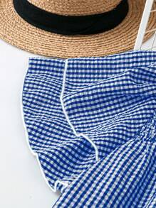 DreamSkyne 大码女式格子圆领荷叶边设计短袖休闲衬衫 - 寶藍色 - 查看 5