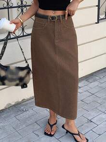 DAZY Casual Straight Cut Women's Denim Skirt Jean Skirt Mid Length - Brown - View 5