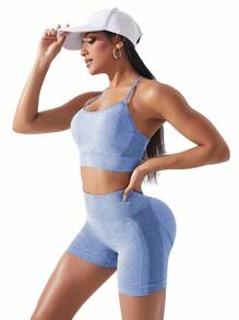 Easithlete 无缝高弹力运动胸罩搭配骑行短裤女士健身套装女士健身套装女士紧身裤套装 - 藍色 - 查看 2