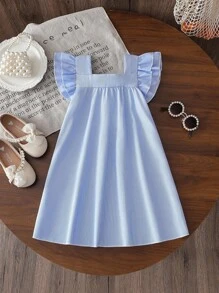 Elladie kids 女童休闲条纹方领喇叭裙，3D 花卉装饰，宽松 A 字裙，适合日常休闲、海滩、夏季