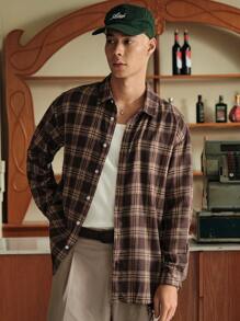 SWAVVY 男士宽松棉质格子印花落肩衬衫，秋季情侣装，长袖上衣 - 咖啡棕 - 查看 4