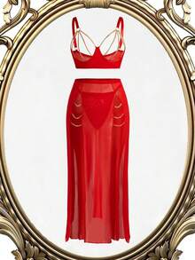 SHEIN 3件套加大码链条装饰网眼性感内衣套装 - 紅色 - 查看 1