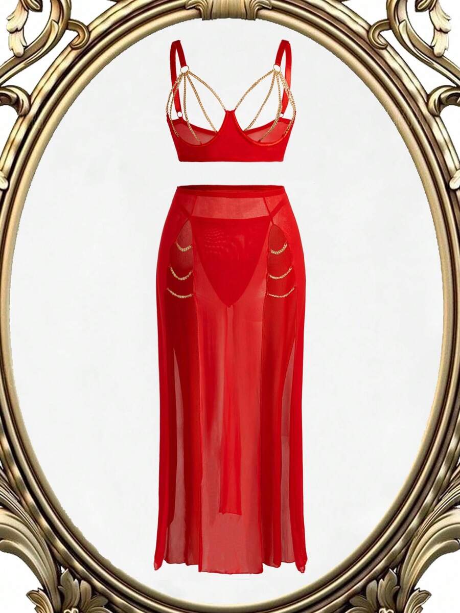 SHEIN 3件套加大码链条装饰网眼性感内衣套装 - 紅色 - 查看 1