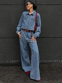 DAZY Women's Casual Textured Denim Jacket And Wide Leg Jeans Set, Autumn,Fall Women Clothes - Blue - View 6