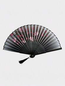 1pc Stylish Lightweight Handheld Fan Bamboo Folding Hand Fan With Botanical Theme - Elegantly Crafted Wooden Fan With Tassel, Classic Retro Design, Suitable For Graduation Gift, Home Decoration, Bamboo Art Ornament, Dance Stage Performance - Creative Anime Themes And Gifts