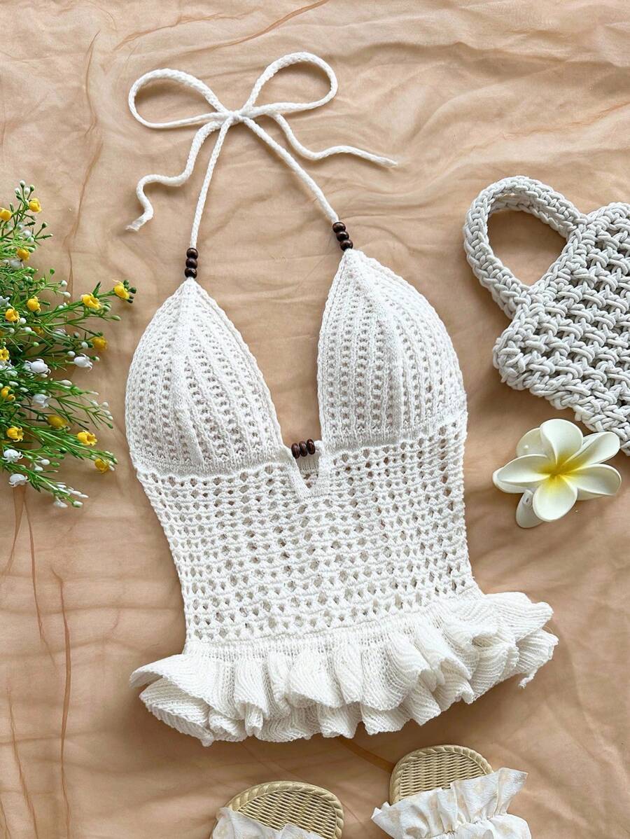 Soleia Sexy Spaghetti Strap V-Neck Hollow Out Wooden Bead Fitted Women Sweater Vest, Vacation Spaghetti Strap Backless Ombre Knit Dress, Suitable For Holiday, Date, Afternoon Tea, Vacation, Music Festival, Bohemian - White - View 1