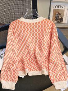 Franclia Allover Print Contrast Trim Drop Shoulder Sweater,Long Sleeve Tops