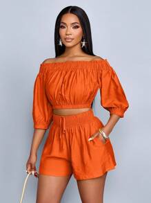 SOLERSUN Women's Summer Beach Vacation Style Puff-Sleeve Ruffle Off-Shoulder Crop Top & Pocketed Shorts,Ladies Casual Ruffle Hem,Shirred Short Sleeve Regular Fit Viscose Puff Sleeve Pants Women Two Pieces Outfits,Casual Daily Wear Two-Piece Set - Orange - View 1