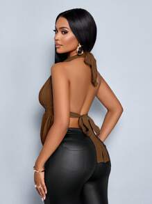 SOLERSUN Spring And Summer Women's Wear Leisure Vacation Apricot Deep V-Neck Halter Straps Front Center Metal Buckle Gathered Shoulder Straps Twist Curved Hem Backless Straps Knitted Textured Fabric Top Halter Top - Brown - View 2