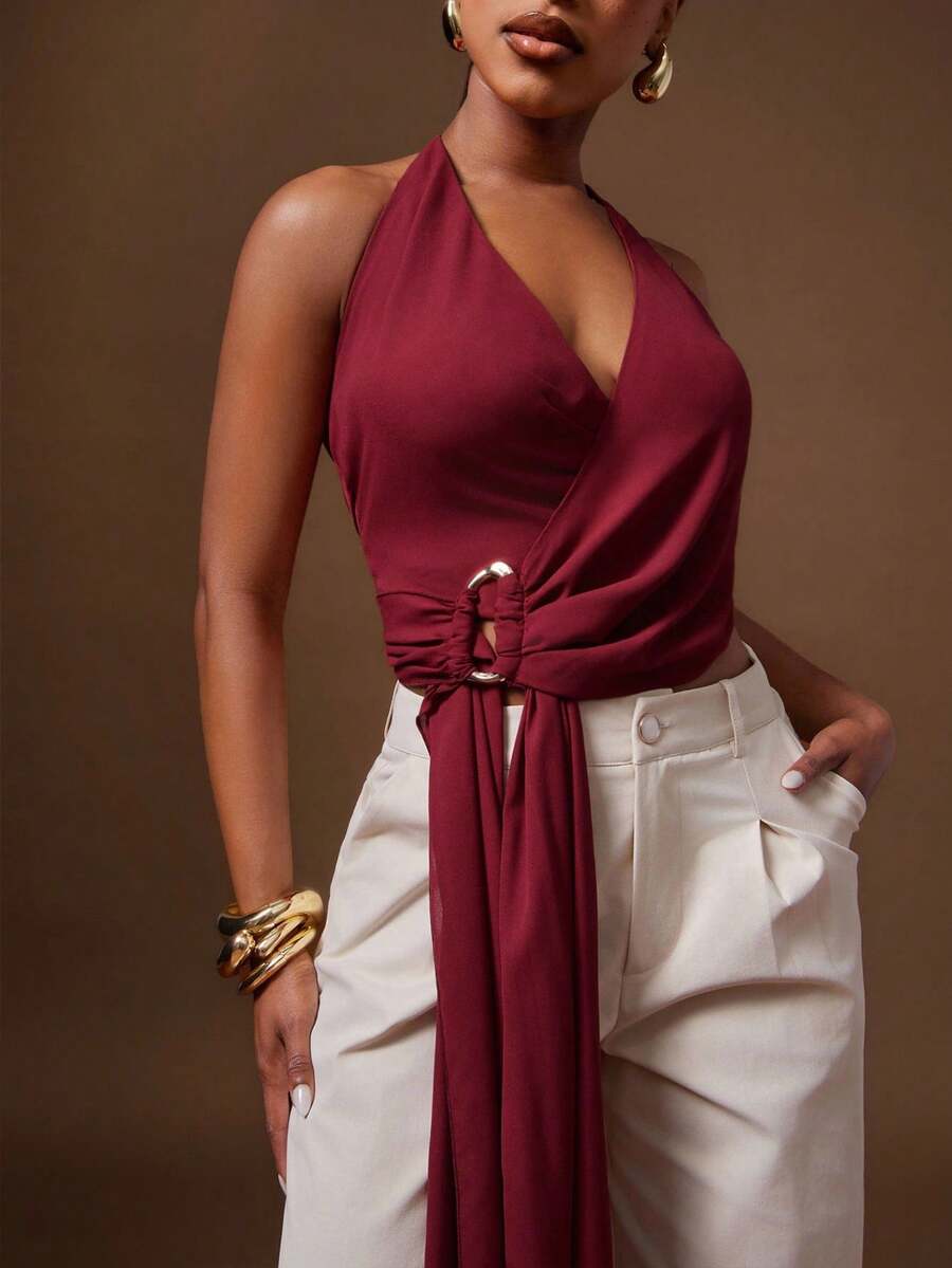 Denimoi 雪纺垂坠斜襟前结上衣，适合约会之夜晚餐早午餐 - 酒紅色 - 查看 1