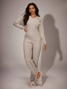 Lazeform Solid Color Brushed Women 2pcs Lounge Set With Wooden Button Drop Shoulder Top & Pants, Lounge Cozy Outfit, Fall Winter Clothes - Grey - View 5