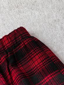 SHEIN Tall CURVE 大码女式休闲格子印花抽绳裤，春夏款，适合情人节、日常生活、通勤、上学、教师、会议、外出、休闲等场合，宽松格子裤，休闲女装，红色裤子 - 紅色 - 查看 3