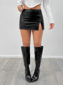 SHEIN PETITE PU High Elastic Leather Low Waist Mini Skirt ,Petite Women - Black - View 3