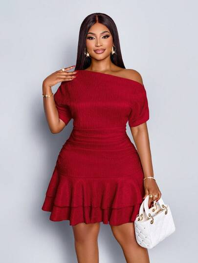 SOLERSUN 女士优雅派对日间杏色针织不对称领口长袖褶皱双褶迷你连衣裙